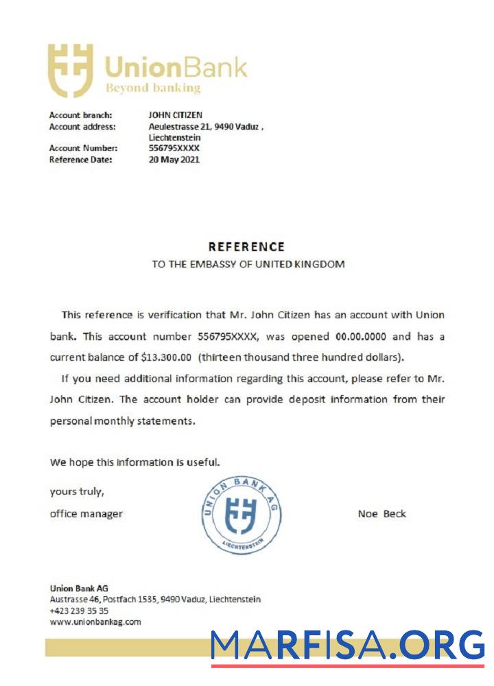 Blank Liechtenstein Union Bank reference sample